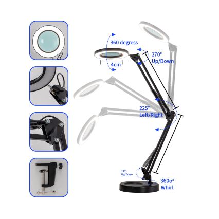 Brilagi - LED pritemdomas stalinis šviestuvas su padidinamuoju stiklu LENS LED/12W/5V 3000/4200/6000K juoda