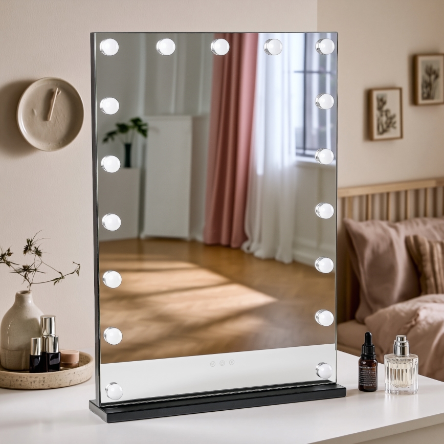 BRILAGI - LED reguliuojamas makiažo veidrodis HOLLYWOOD LED/15W/230V CCT + 2x USB 55x77 cm juoda