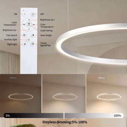 Brilagi - LED reguliuojamas pakabinamas šviestuvas ant laido PORTOFINO LED/60W/230V 3000-6000K skersmuo 80 cm sidabro spalvos + nuotolinis pultas