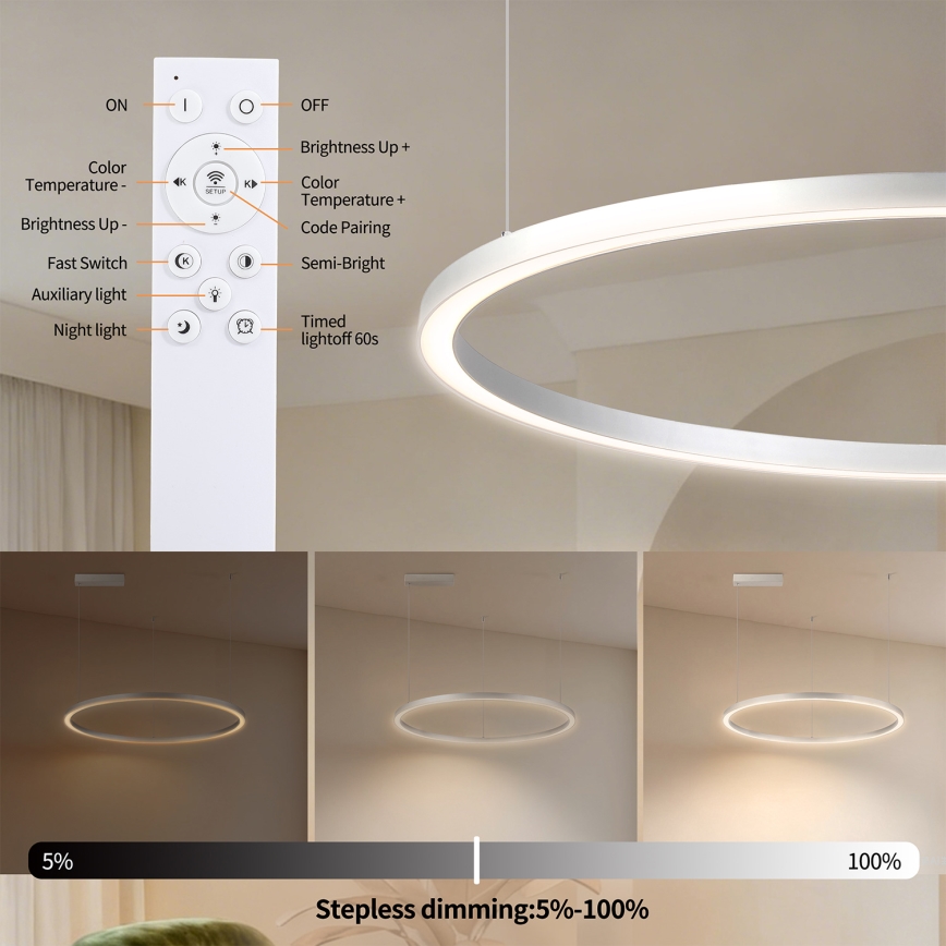 Brilagi - LED reguliuojamas pakabinamas šviestuvas ant laido PORTOFINO LED/60W/230V 3000-6000K skersmuo 80 cm sidabro spalvos + nuotolinis pultas