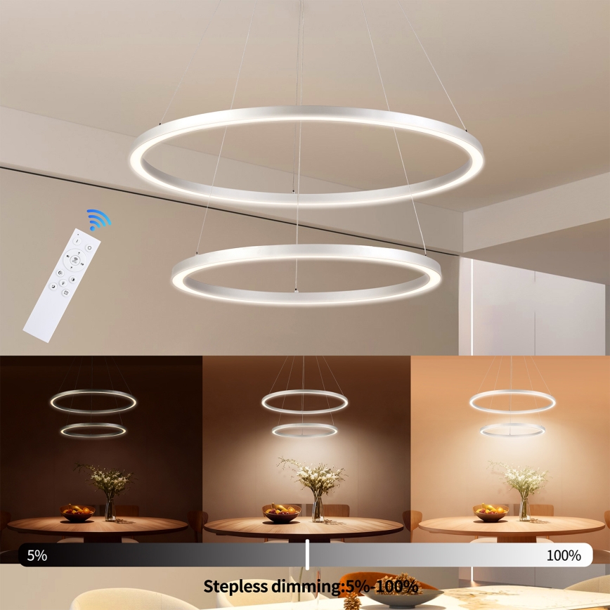 Brilagi - reguliuojama LED liustra ant troselio PORTOFINO LED/98W/230V 3000–6000K skersmuo 80 cm sidabrinė + nuotolinis valdymas