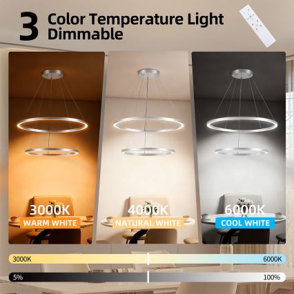 Brilagi - reguliuojama LED liustra ant troselio PORTOFINO LED/98W/230V 3000–6000K skersmuo 80 cm sidabrinė + nuotolinis valdymas