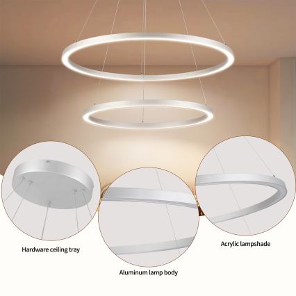 Brilagi - reguliuojama LED liustra ant troselio PORTOFINO LED/98W/230V 3000–6000K skersmuo 80 cm sidabrinė + nuotolinis valdymas
