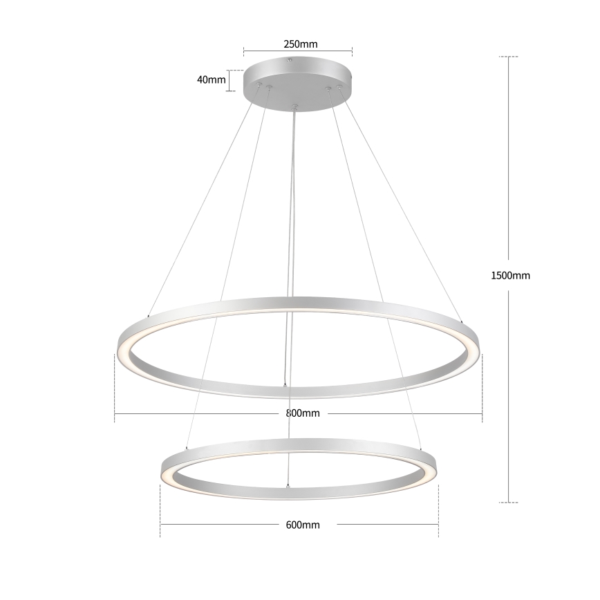 Brilagi - reguliuojama LED liustra ant troselio PORTOFINO LED/98W/230V 3000–6000K skersmuo 80 cm sidabrinė + nuotolinis valdymas