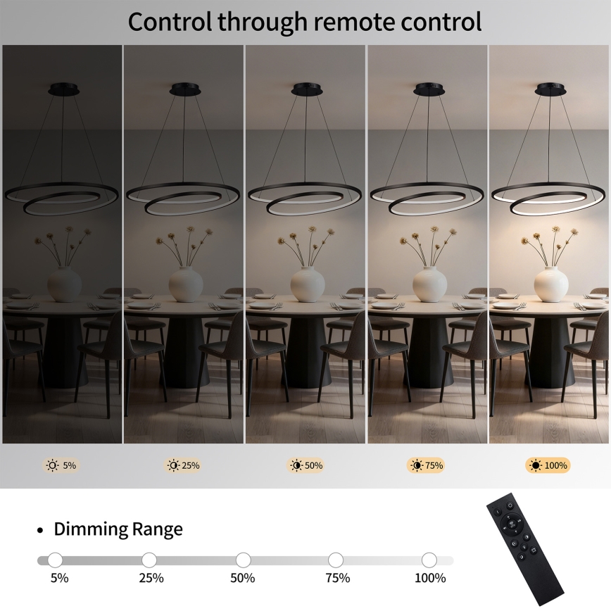 Brilagi - Reguliuojamas LED pakabinamas šviestuvas ant laido TWISTER LED/105W/230V 3000-6000K skersm. 100 cm juoda + nuotolinis valdymas
