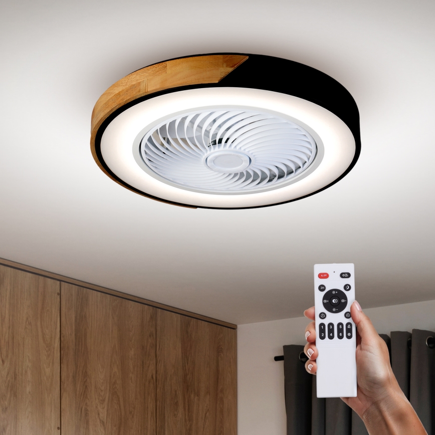 Brilagi - LED Pritemdomas lubinis šviestuvas su ventiliatoriumi LED/30W/230V 3000-6500K juoda/ąžuolas + nuotolinio valdymo pultas