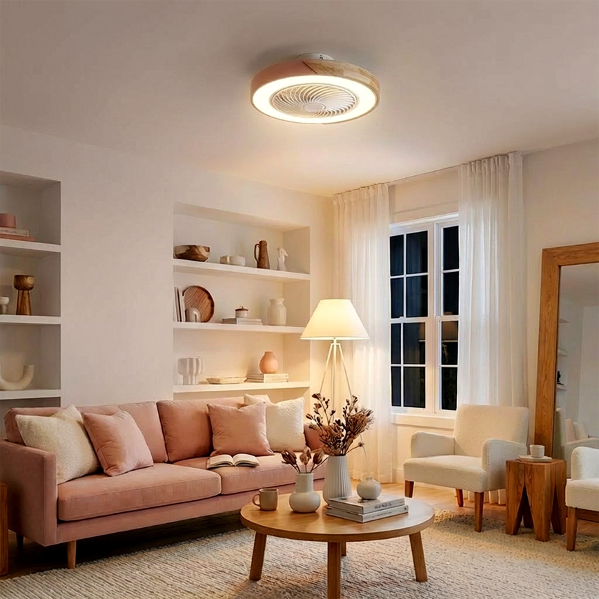 Brilagi - reguliuojamas LED lubų šviestuvas su ventiliatoriumi LED/38W/230V 3000-6500K 3000-6500K skers. 50 cm rožinė/ąžuolas + su nuotolinio valdymo pulteliu