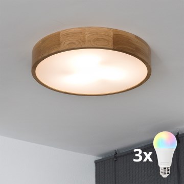 Brilagi - LED RGBW dimeriu reguliuojamas lubinis šviestuvas CARVALHO 3xE27/9W/230V 2700-6500K Wi-Fi ąžuolas skersmuo 47,5 cm
