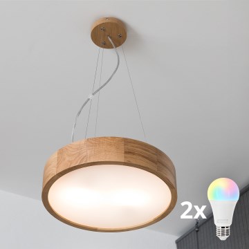 Brilagi - LED RGBW dimeriuojama liustra ant laido CARVALHO 2xE27/9W/230V 2700-6500K Wi-Fi ąžuolas skersmuo 37 cm