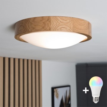 Brilagi - LED RGBW dimeriuojamas lubinis šviestuvas CARVALHO SLIM 1xE27/9W/230V 2700-6500K Wi-Fi ąžuolas skersmuo 27 cm
