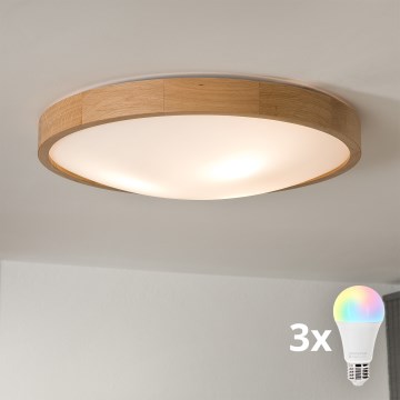 Brilagi - LED RGBW dimeriuojamas lubinis šviestuvas CARVALHO SLIM 3xE27/9W/230V 2700-6500K Wi-Fi ąžuolas skersmuo 47 cm
