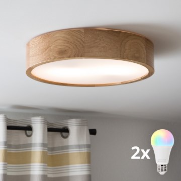 Brilagi - LED RGBW dimeriuojamas lubų šviestuvas CARVALHO 2xE27/15W/230V 2700-6500K Wi‑Fi ąžuolas Ø 37,5 cm