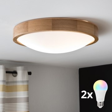 Brilagi - LED RGBW reguliuojamas lubinis šviestuvas CARVALHO SLIM 2xE27/9W/230V 2700-6500K Wi-Fi ąžuolo spalvos, skersmuo 37 cm