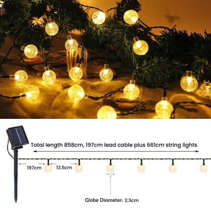 BRILAGI - LED saulės dekoratyvinė girlianda BUBBLE 200xLED/8 funkcijų 20m IP65 šilta balta 800 mAh