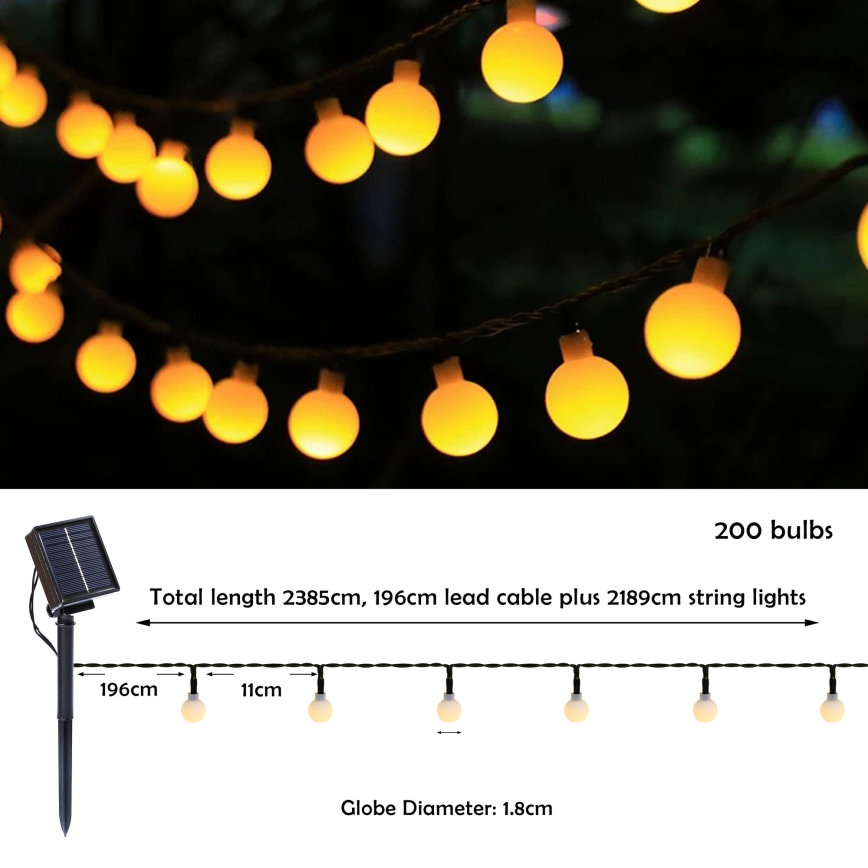 Brilagi - LED Saulės Dekoratyvinė girlianda BUBBLE 200xLED/8 funkcijos 20m IP65 šilta balta