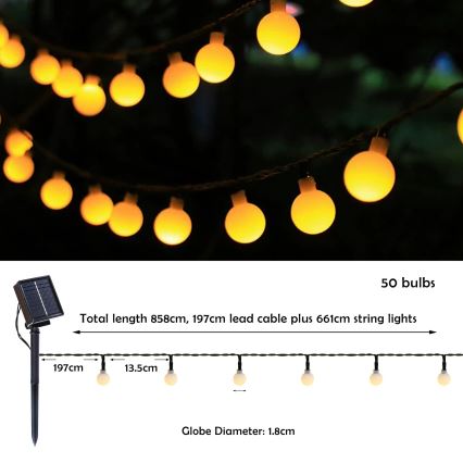 Brilagi - LED saulės dekoratyvinė girlianda BUBBLE 50xLED/8 funkcijų 7m IP65 šiltai balta 600 mAh