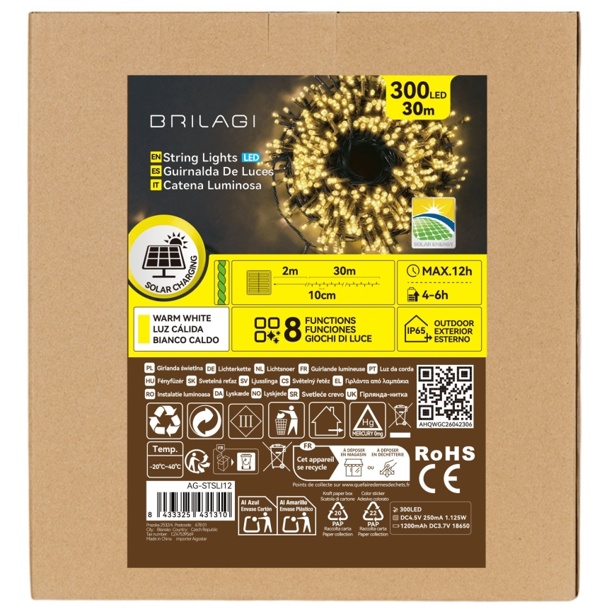 BRILAGI - LED saulės kalėdinė girlianda 300 LED/8 funkcijų 32 m 1200 mAh IP65 šiltai balta