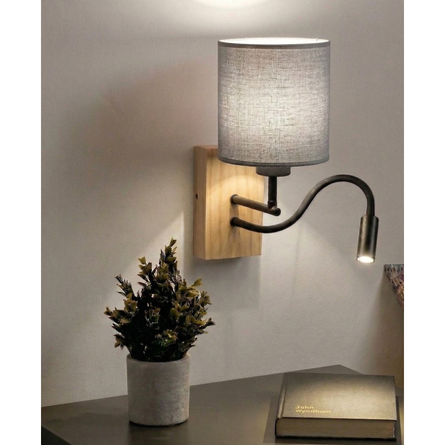 Brilagi - Lanksčioji LED sieninė lempa NUBILA WOOD 1xE27/25W/230V + LED/3W ąžuolas/juoda/šviesiai pilka
