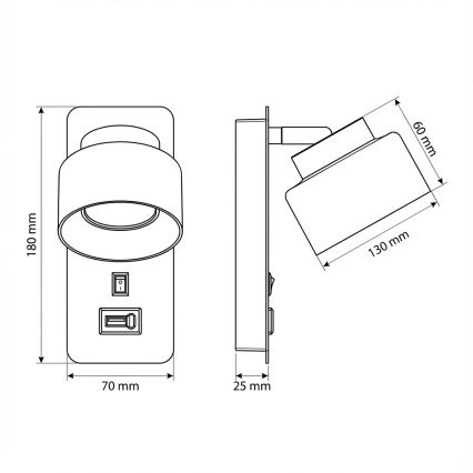 Brilagi - LED Sieninė lempa su USB jungtimi AURA LUX 1xGX53/30W/230V juoda/auksinė