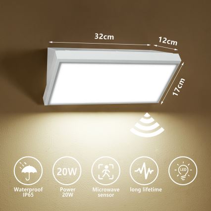 Brilagi - LED Lauko sieninis šviestuvas su jutikliu TRIANGLE LED/20W/230V balta IP65