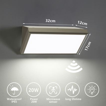 Brilagi - LED Lauko sieninis šviestuvas su jutikliu TRIANGLE LED/20W/230V pilka IP65