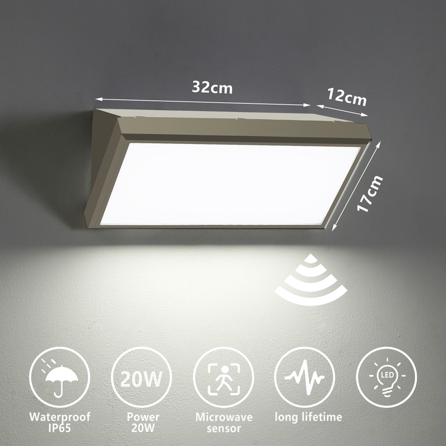 Brilagi - LED Lauko sieninis šviestuvas su jutikliu TRIANGLE LED/20W/230V pilka IP65