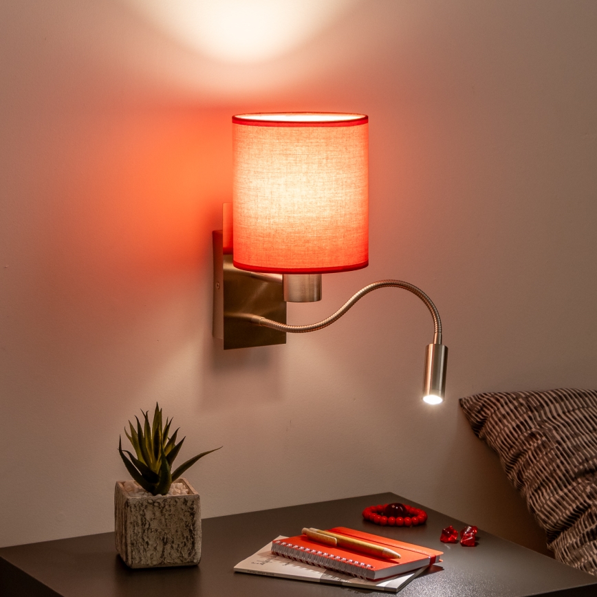 Brilagi - LED Lankstus sieninis šviestuvas NUBILA 1xE27/25W/230V + LED/3W matinis chromas/raudona