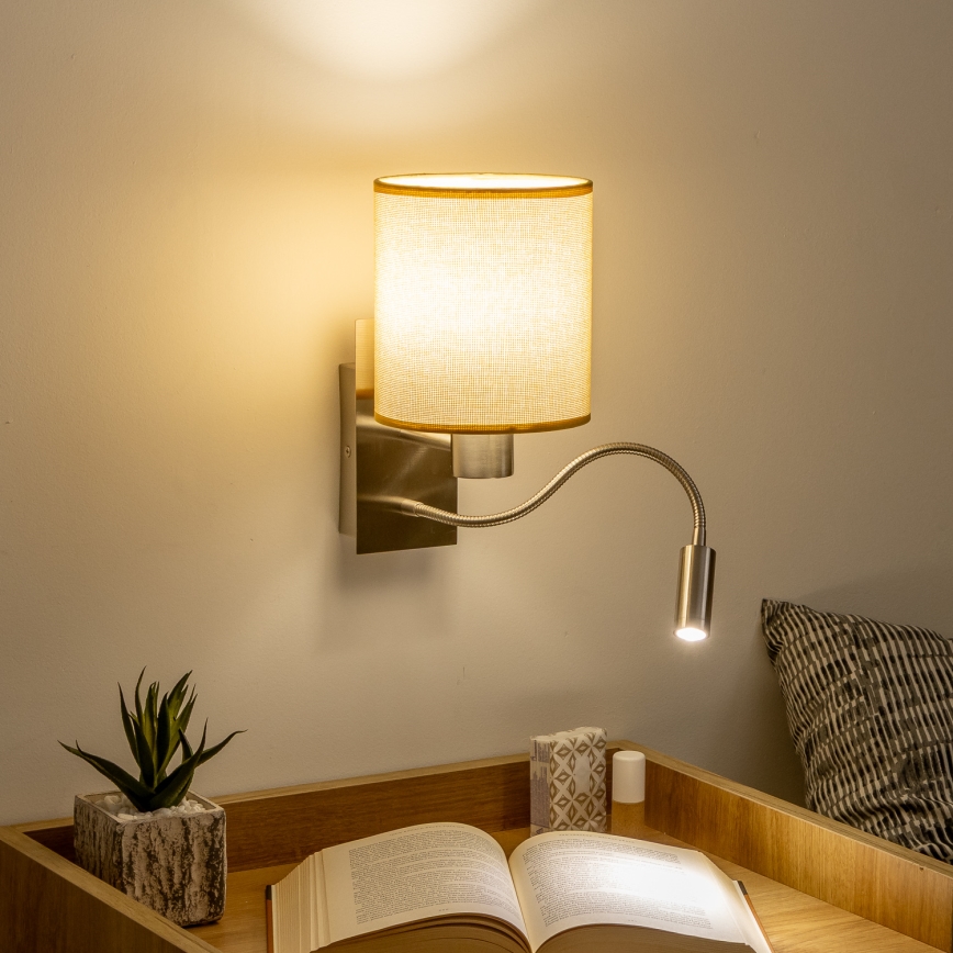 Brilagi - LED Lankstus sieninis šviestuvas NUBILA 1xE27/25W/230V + LED/3W matinis chromas/šviesiai rudos spalvos