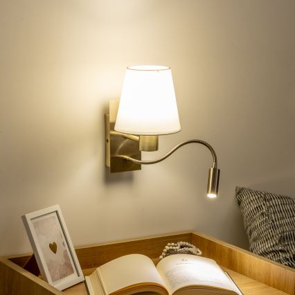 Brilagi - LED Lankstus sieninis šviestuvas NUBILA 1xE27/25W/230V + LED/3W žalvaris/balta