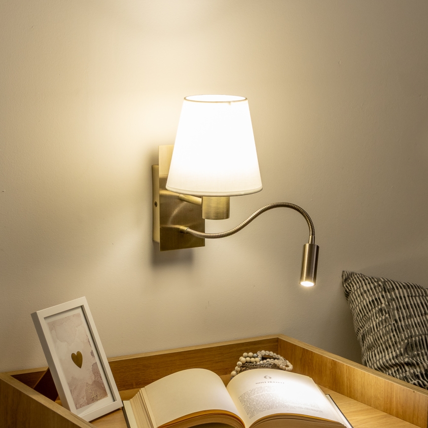 Brilagi - LED Lankstus sieninis šviestuvas NUBILA 1xE27/25W/230V + LED/3W žalvaris/balta