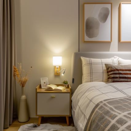 Brilagi - LED Lankstus sieninis šviestuvas NUBILA WOOD 1xE27/25W/230V + LED/3W ąžuolas/balta