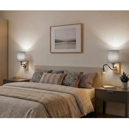 Brilagi - Lanksčioji LED sieninė lempa NUBILA WOOD 1xE27/25W/230V + LED/3W ąžuolas/balta/šviesiai pilka