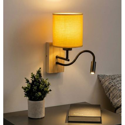 Brilagi - LED lanksti sieninė lempa NUBILA WOOD 1xE27/25W/230V + LED/3W ąžuolas/juoda/geltona