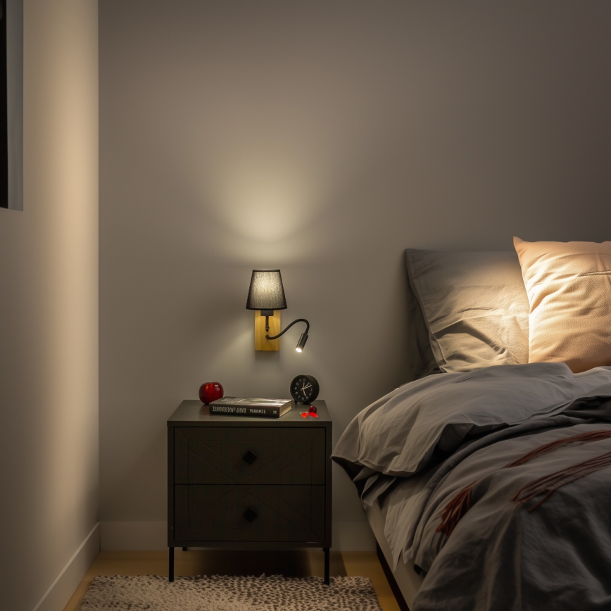 Brilagi - LED Lankstus sieninis šviestuvas NUBILA WOOD 1xE27/25W/230V + LED/3W ąžuolas/juoda