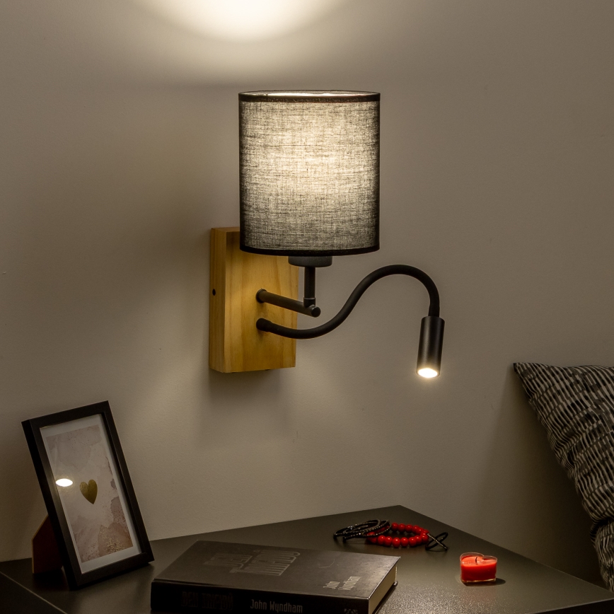 Brilagi - LED Lankstus sieninis šviestuvas NUBILA WOOD 1xE27/25W/230V + LED/3W ąžuolas/juoda