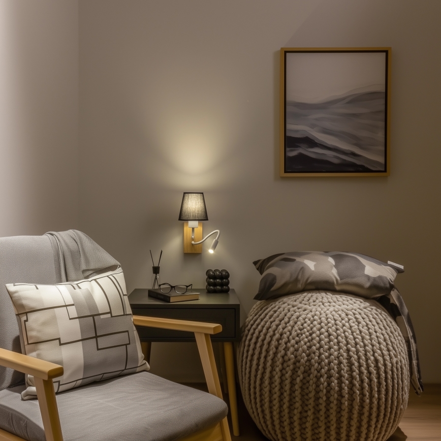 Brilagi - LED Lankstus sieninis šviestuvas NUBILA WOOD 1xE27/25W/230V + LED/3W ąžuolas/juoda