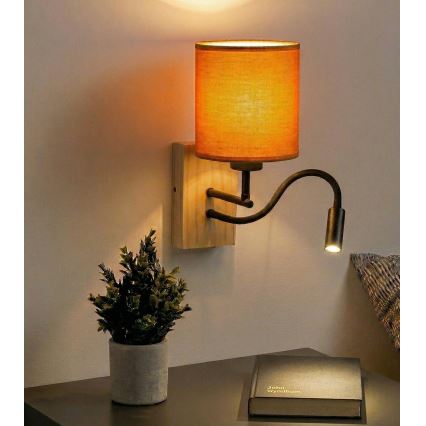 Brilagi - Lanksčioji LED sieninė lempa NUBILA WOOD 1xE27/25W/230V + LED/3W ąžuolas/juoda/oranžinė