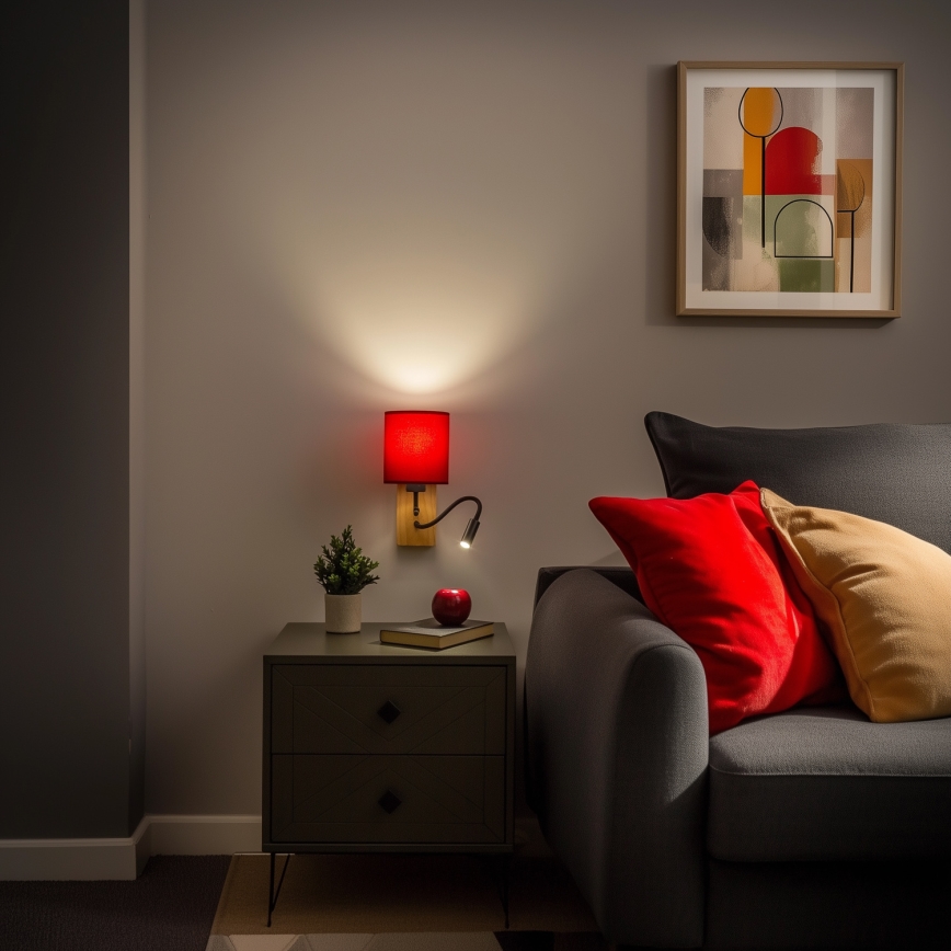 Brilagi - LED Lankstus sieninis šviestuvas NUBILA WOOD 1xE27/25W/230V + LED/3W ąžuolas/Pompėjos raudona