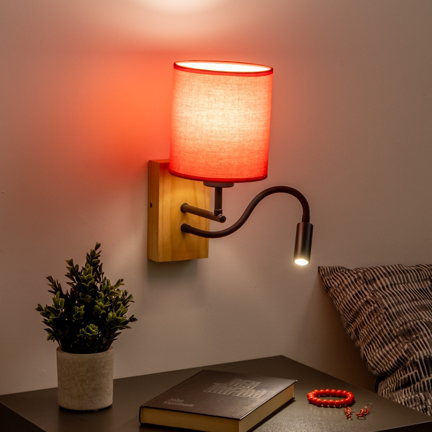 Brilagi - LED Lankstus sieninis šviestuvas NUBILA WOOD 1xE27/25W/230V + LED/3W ąžuolas/raudona