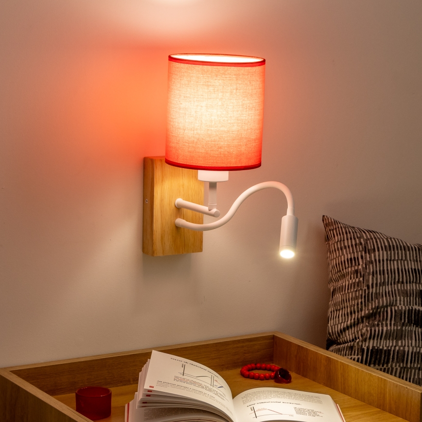 Brilagi - LED Lankstus sieninis šviestuvas NUBILA WOOD 1xE27/25W/230V + LED/3W ąžuolas/raudona