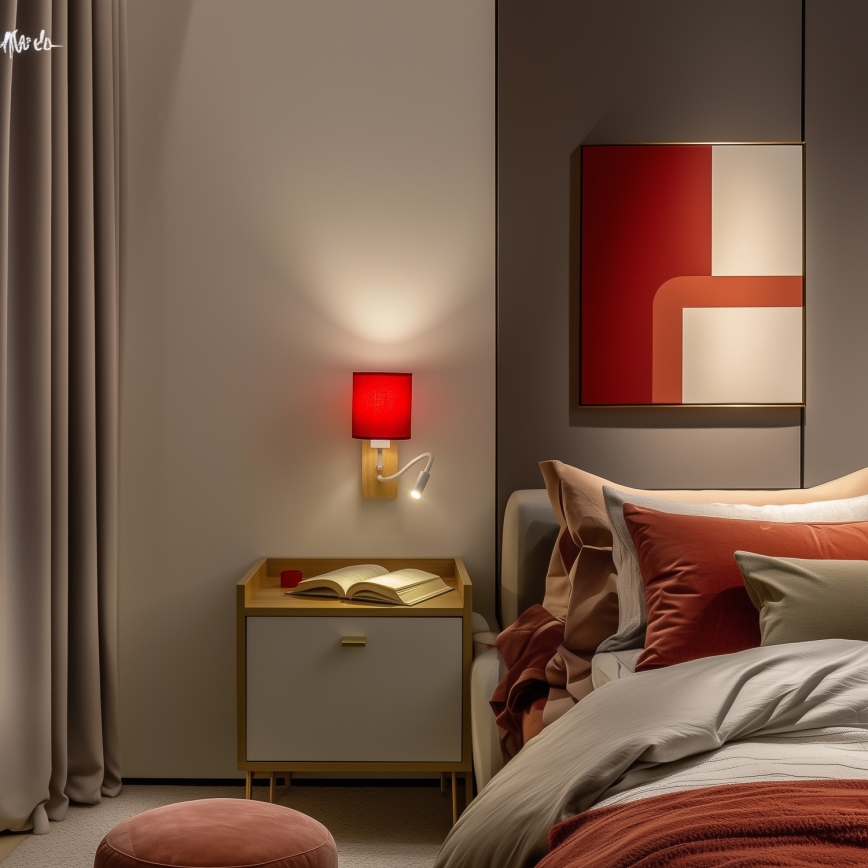 Brilagi - LED Lankstus sieninis šviestuvas NUBILA WOOD 1xE27/25W/230V + LED/3W ąžuolas/raudona