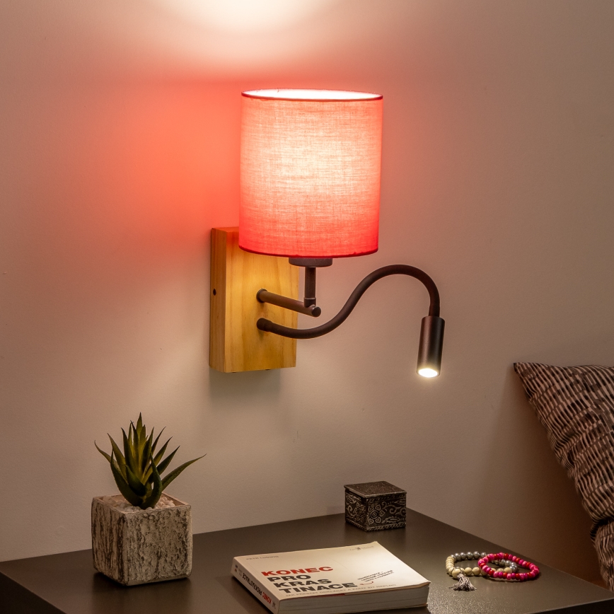 Brilagi - LED Lankstus sieninis šviestuvas NUBILA WOOD 1xE27/25W/230V + LED/3W ąžuolas/rausva