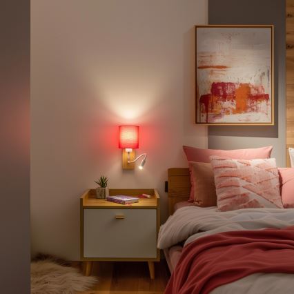 Brilagi - LED Lankstus sieninis šviestuvas NUBILA WOOD 1xE27/25W/230V + LED/3W ąžuolas/rausva