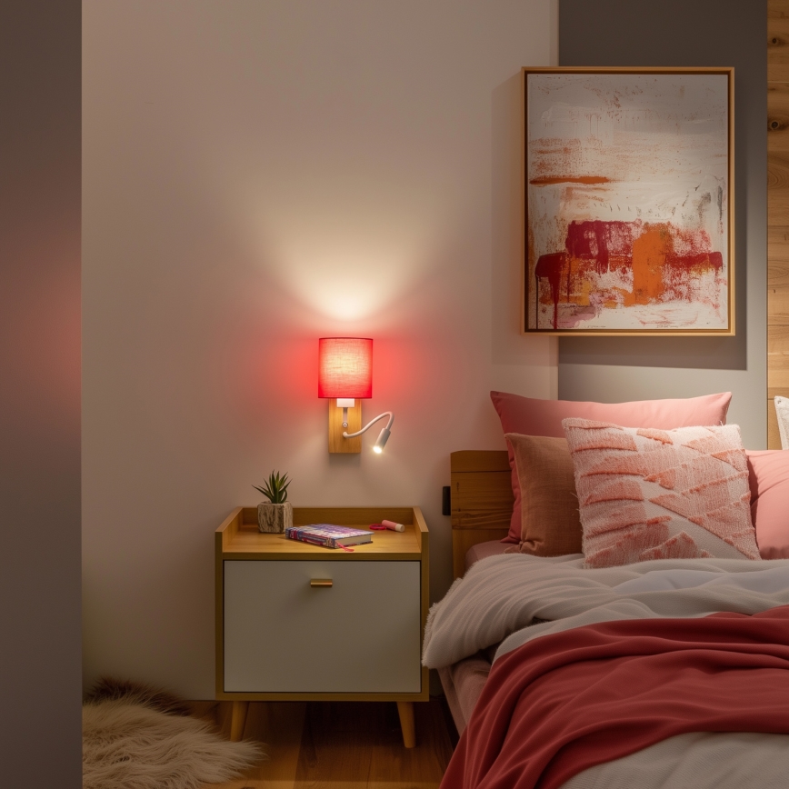 Brilagi - LED Lankstus sieninis šviestuvas NUBILA WOOD 1xE27/25W/230V + LED/3W ąžuolas/rausva