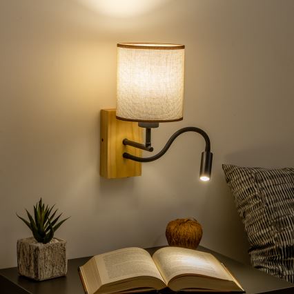 Brilagi - LED Lankstus sieninis šviestuvas NUBILA WOOD 1xE27/25W/230V + LED/3W ąžuolas/ruda