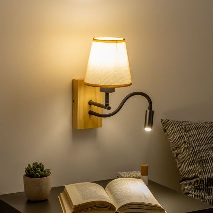Brilagi - LED Lankstus sieninis šviestuvas NUBILA WOOD 1xE27/25W/230V + LED/3W ąžuolas/šviesiai rudos spalvos