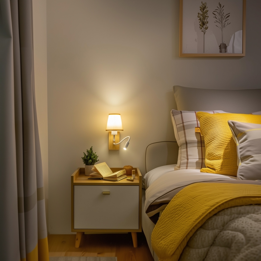 Brilagi - LED Lankstus sieninis šviestuvas NUBILA WOOD 1xE27/25W/230V + LED/3W ąžuolas/šviesiai rudos spalvos