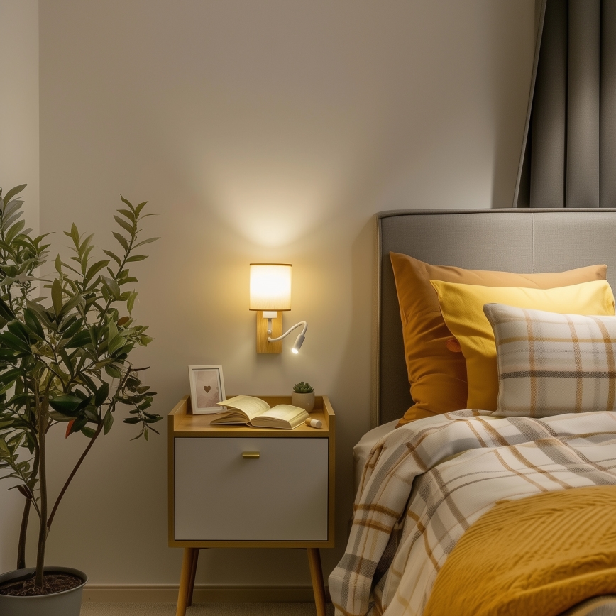 Brilagi - LED Lankstus sieninis šviestuvas NUBILA WOOD 1xE27/25W/230V + LED/3W ąžuolas/šviesiai rudos spalvos