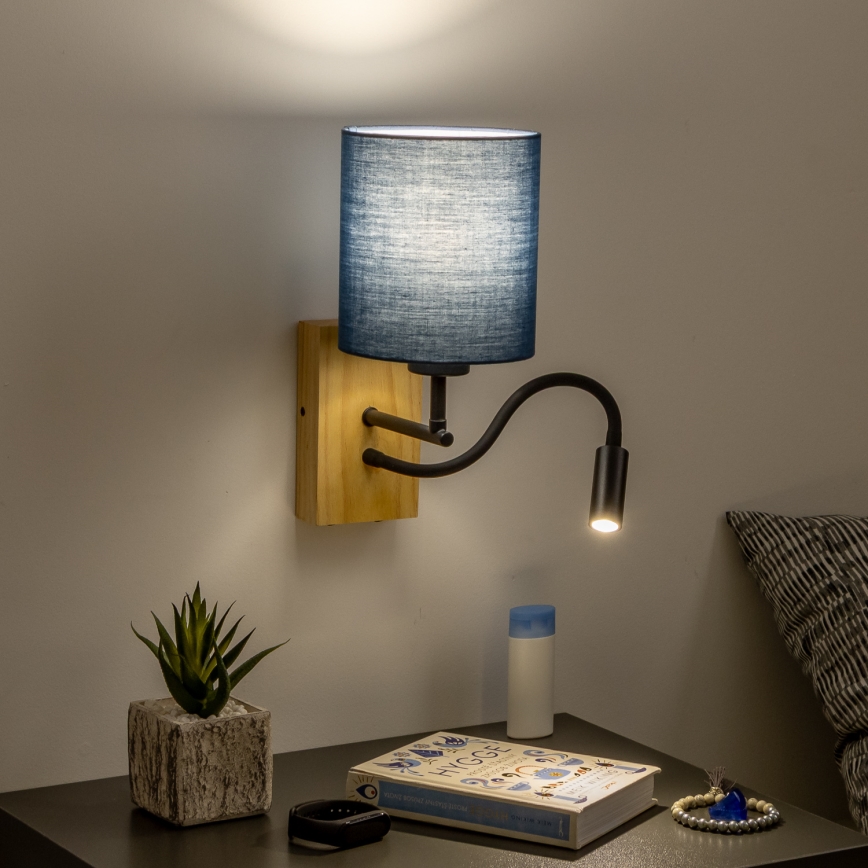 Brilagi - LED Lankstus sieninis šviestuvas NUBILA WOOD 1xE27/25W/230V + LED/3W ąžuolas/tamsiai mėlyna