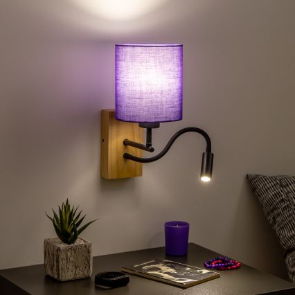 Brilagi - LED Lankstus sieninis šviestuvas NUBILA WOOD 1xE27/25W/230V + LED/3W ąžuolas/violetinė